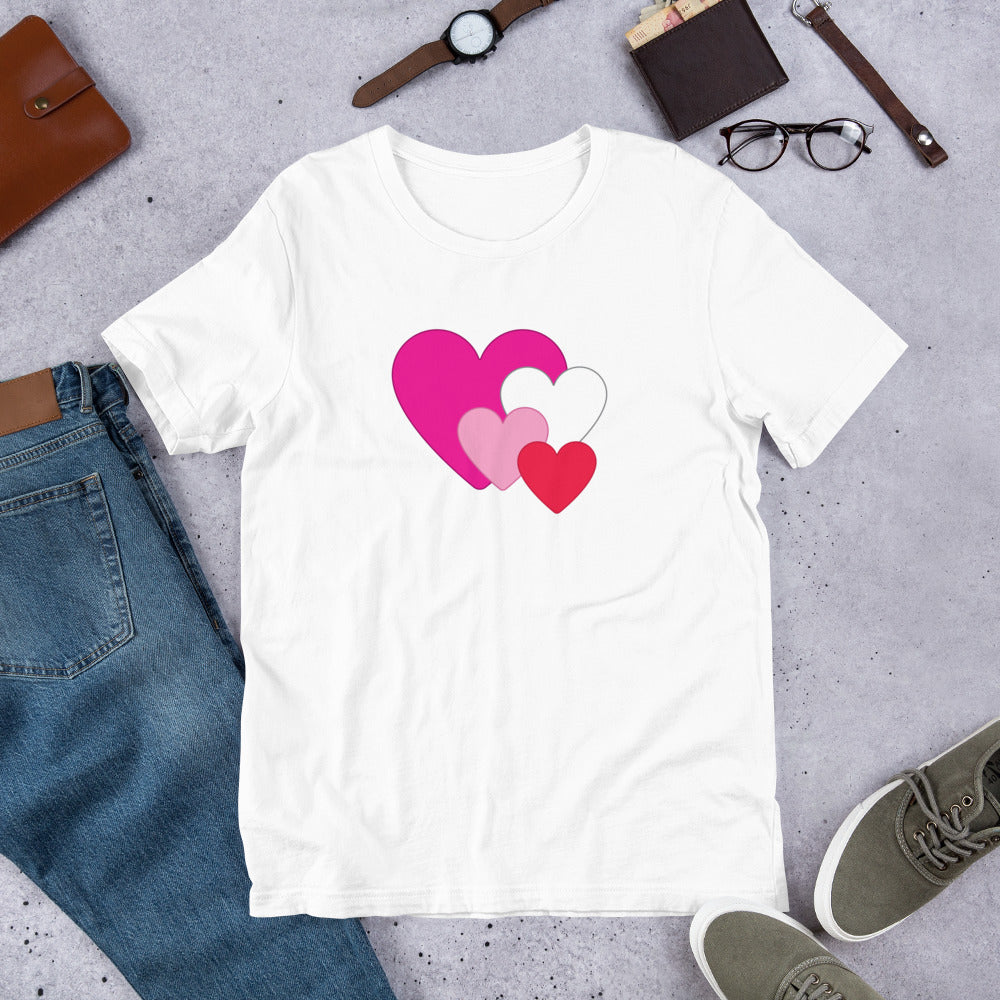 Multi Heart Valentine Unisex T-Shirt front in white mockup