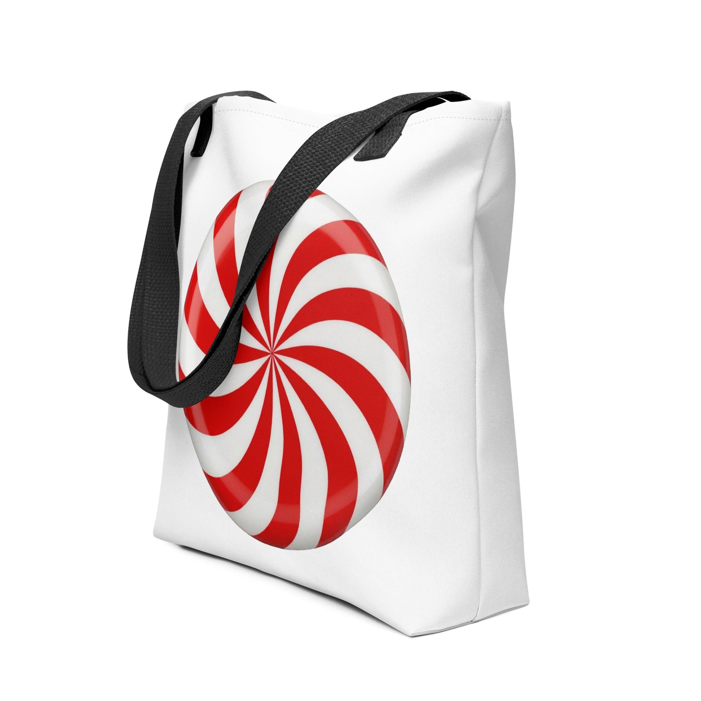 Red peppermint candy tote bag, side view, mockup
