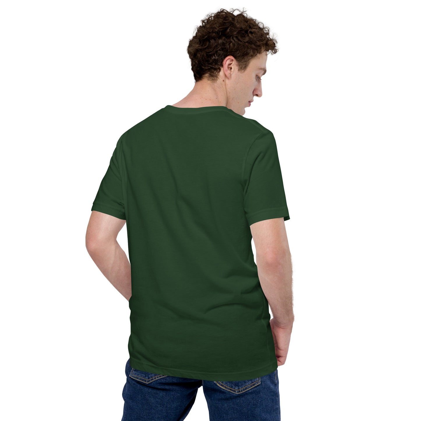 Green t-shirt with bible verse, back view