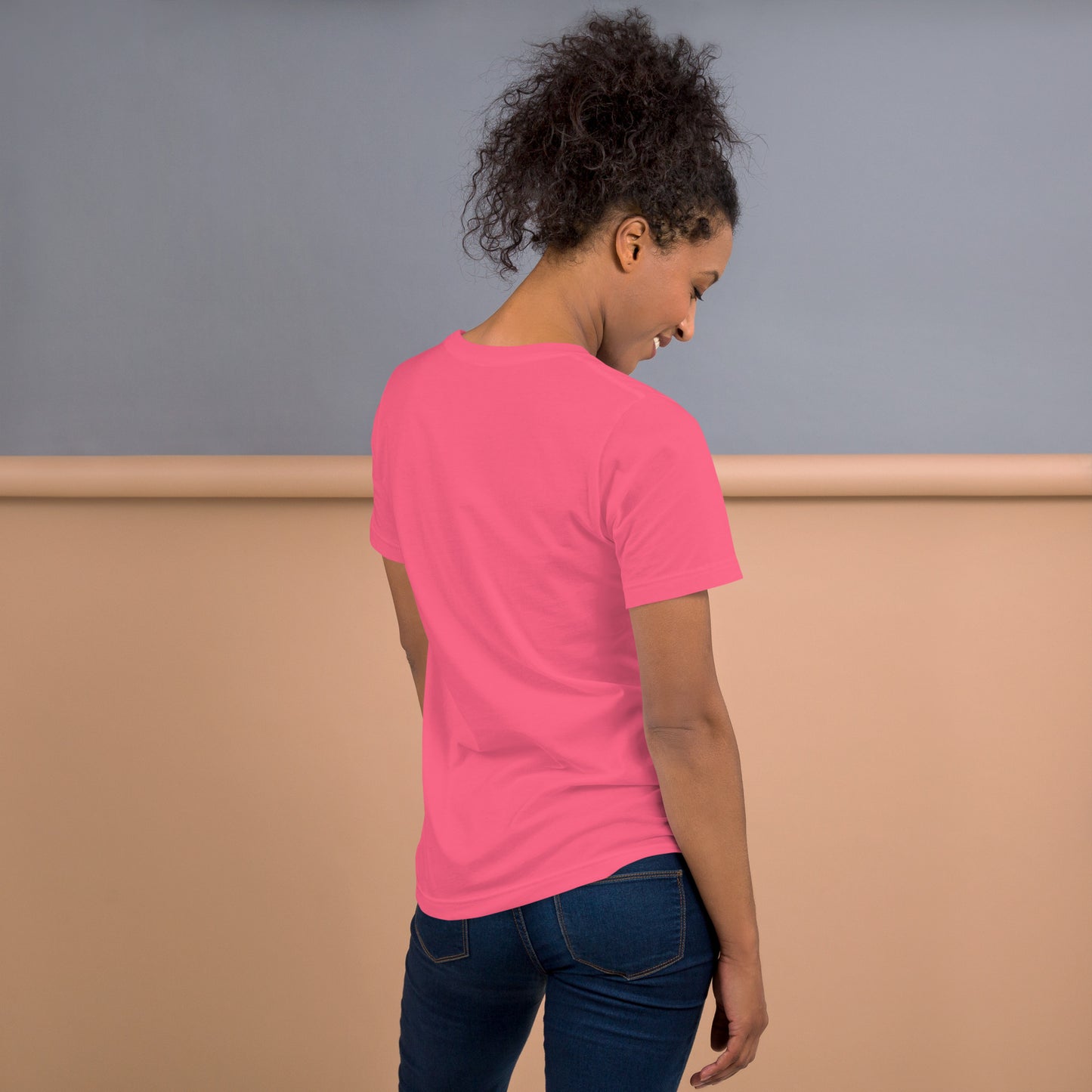 Pink t-shirt with bible verse, back view