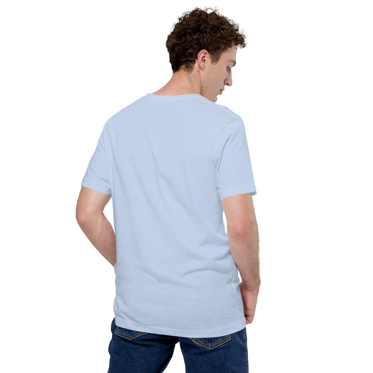 Men's light blue t-shirt with bible verse, back view
