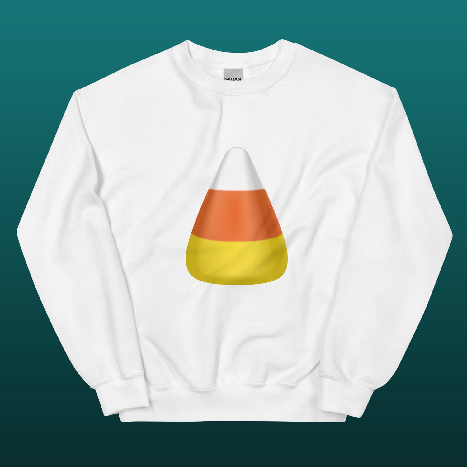 White sweatshirt with a candy corn design, mockup
