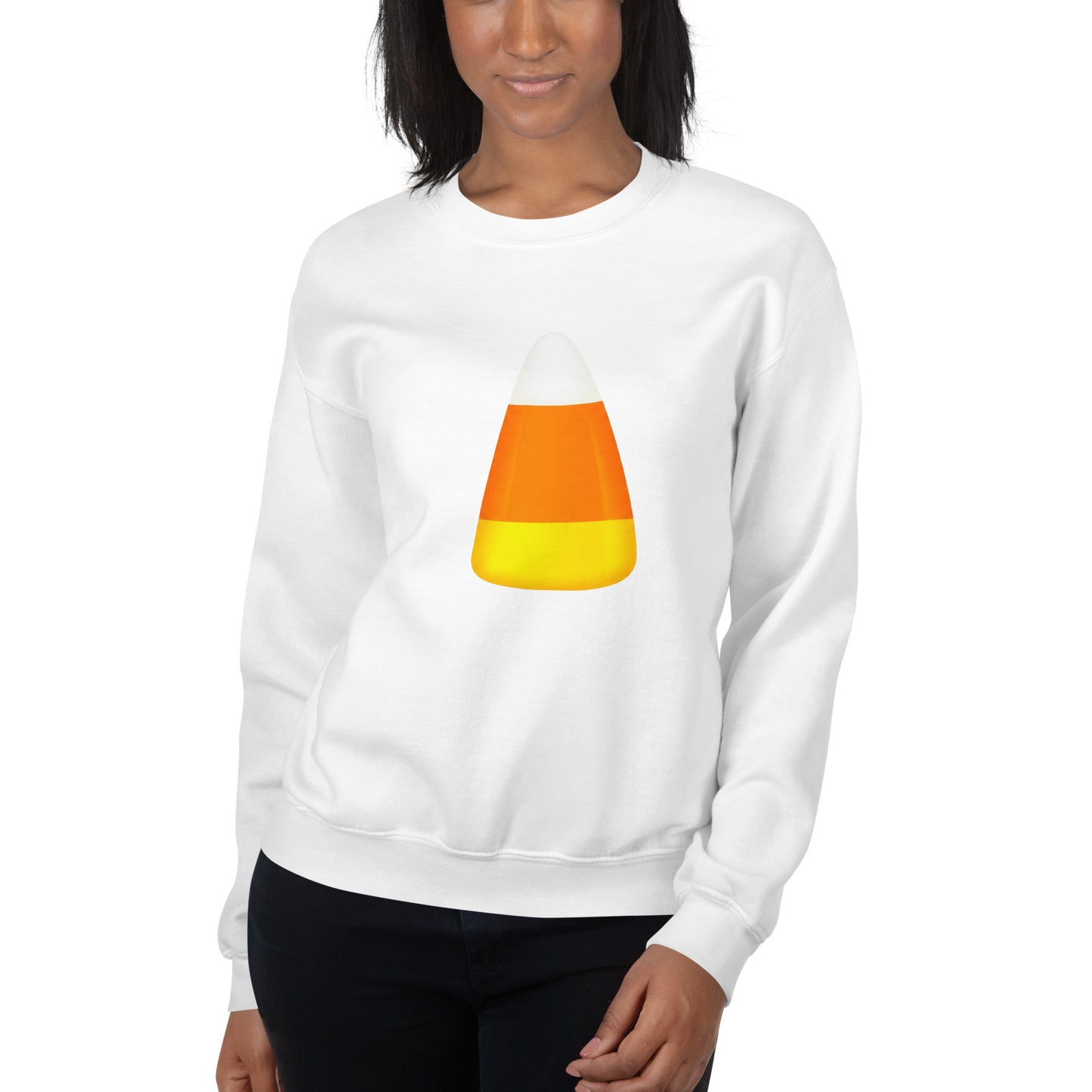 Women's white fall sweatshirt with a printed candy corn graphic for Halloween