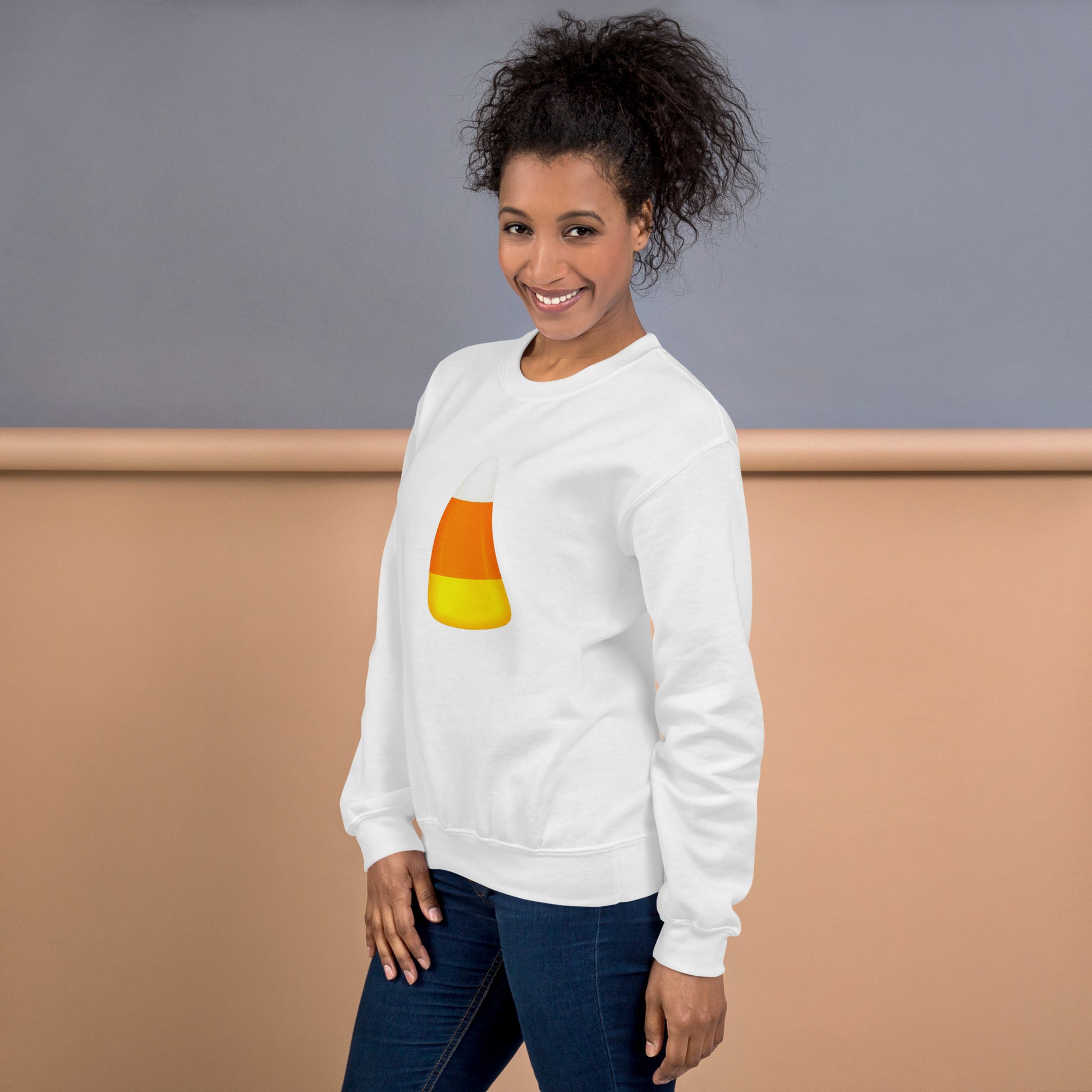 Side view of candy corn sweatshirt