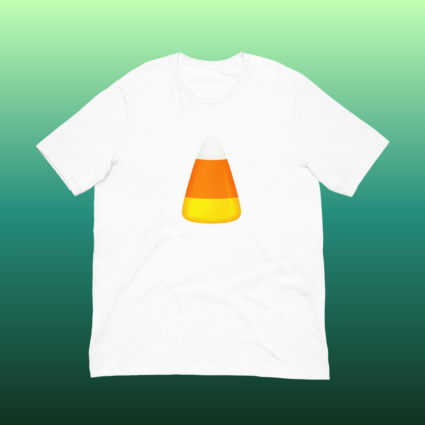 Autumn short-sleeve crewneck t-shirt featuring a graphic of a candy corn with white, orange, and yellow stripes.