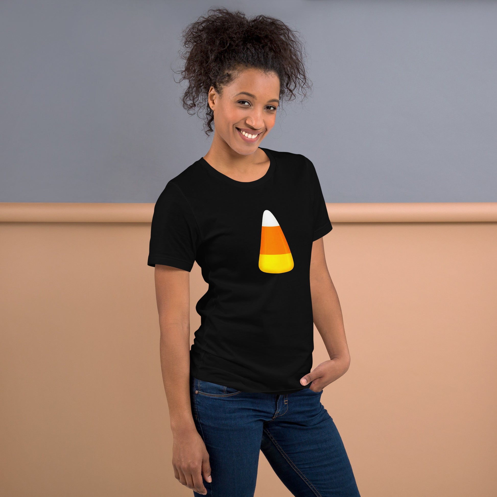Black tee with white, orange, yellow candy corn treat