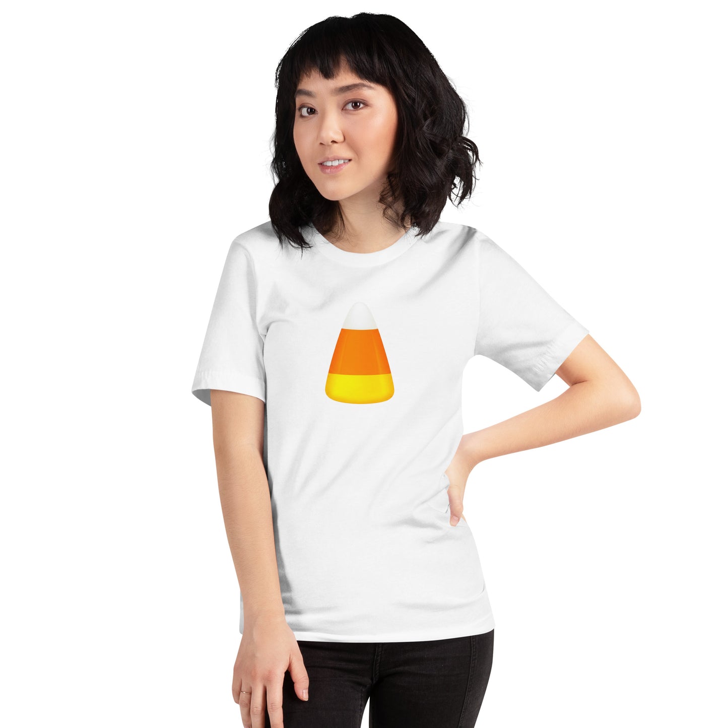 White, orange, yellow striped candy corn tee. 