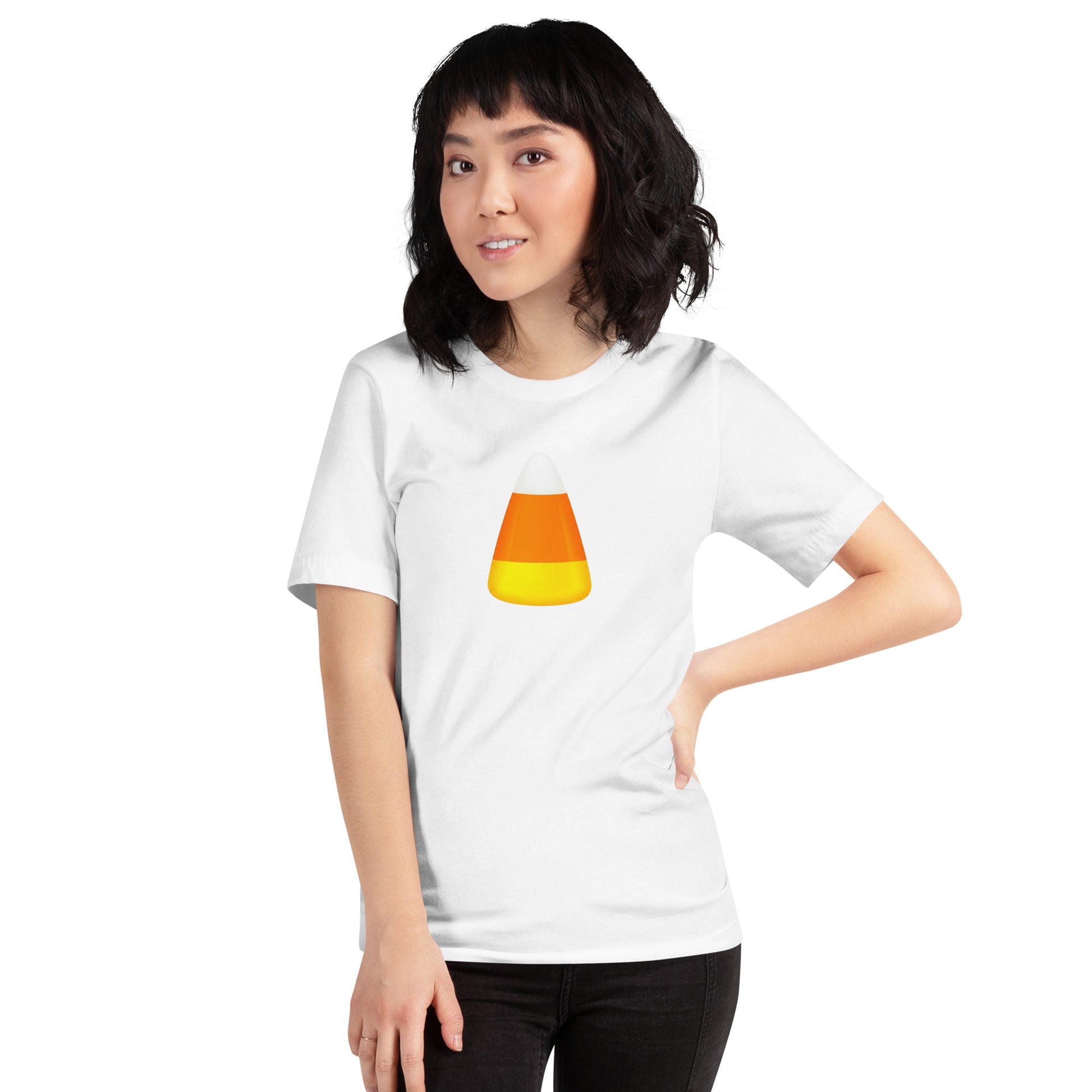 White, orange, yellow striped candy corn tee. 