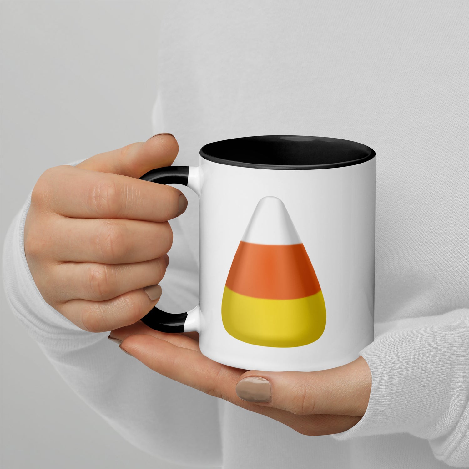 Candy Corn Halloween white ceramic mug with black interior 11 oz left side view, mockup