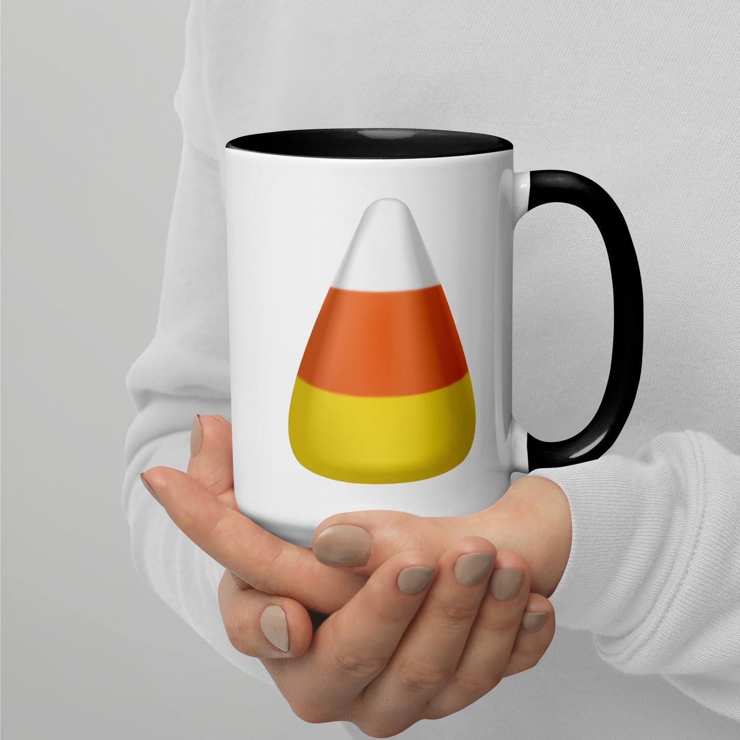 Candy Corn Halloween white ceramic mug with black interior 15 oz right side view, mockup