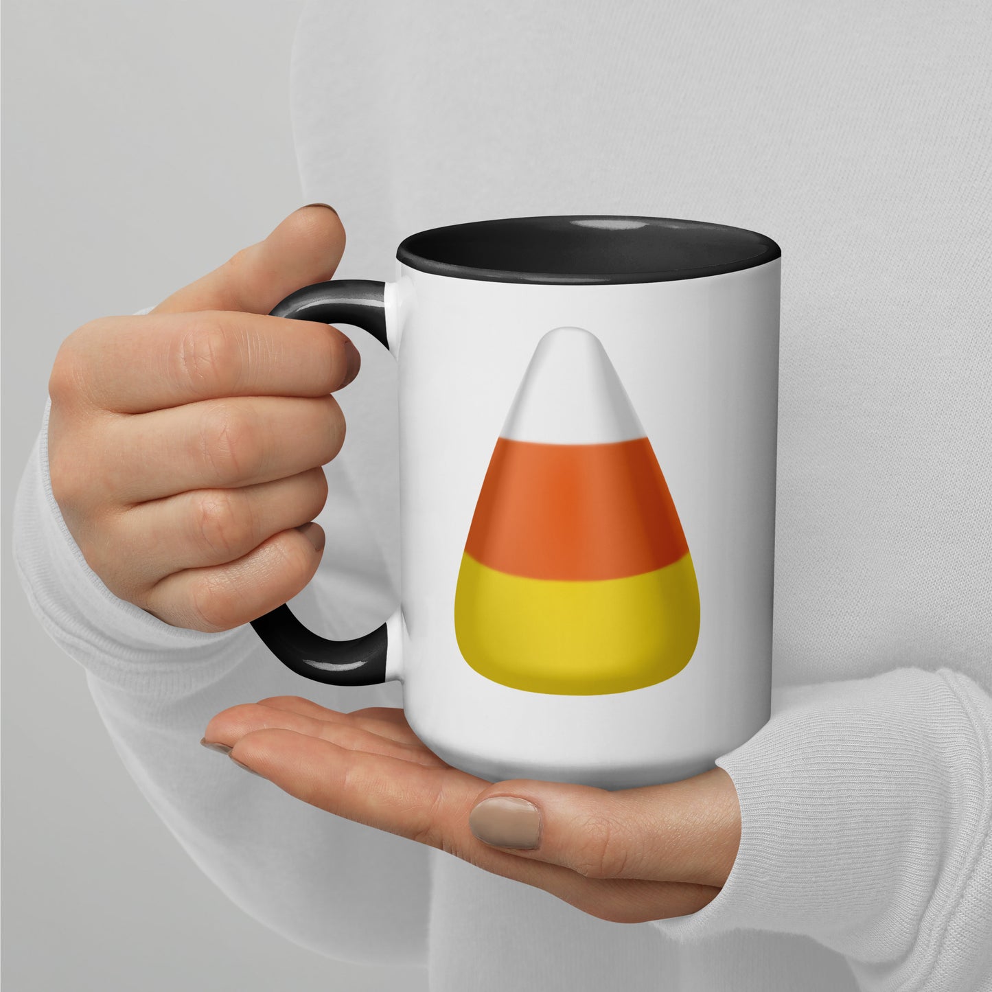 Candy Corn Halloween white ceramic mug with black interior 15 oz left side view, mockup