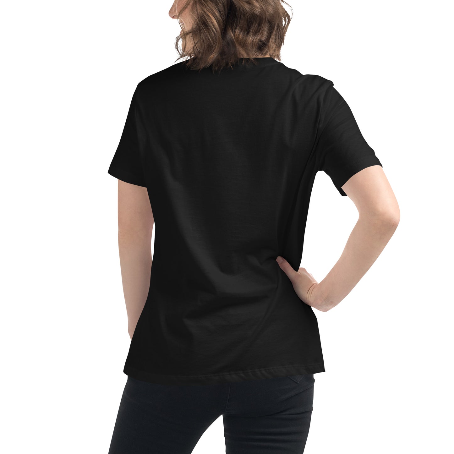 Candy Corn Halloween women's relaxed t-shirt back view in black, mockup