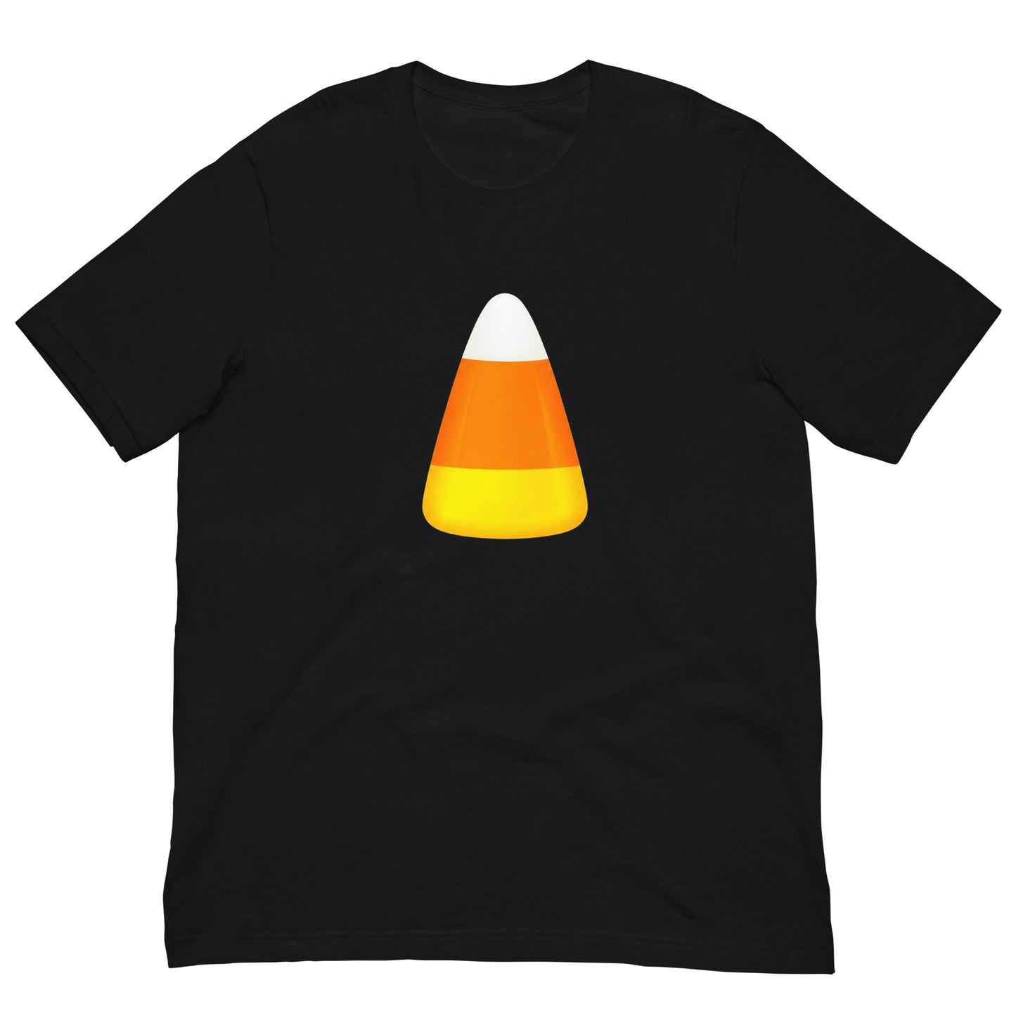 A black short-sleeve crewneck t-shirt with a candy corn with white, orange, and yellow stripes