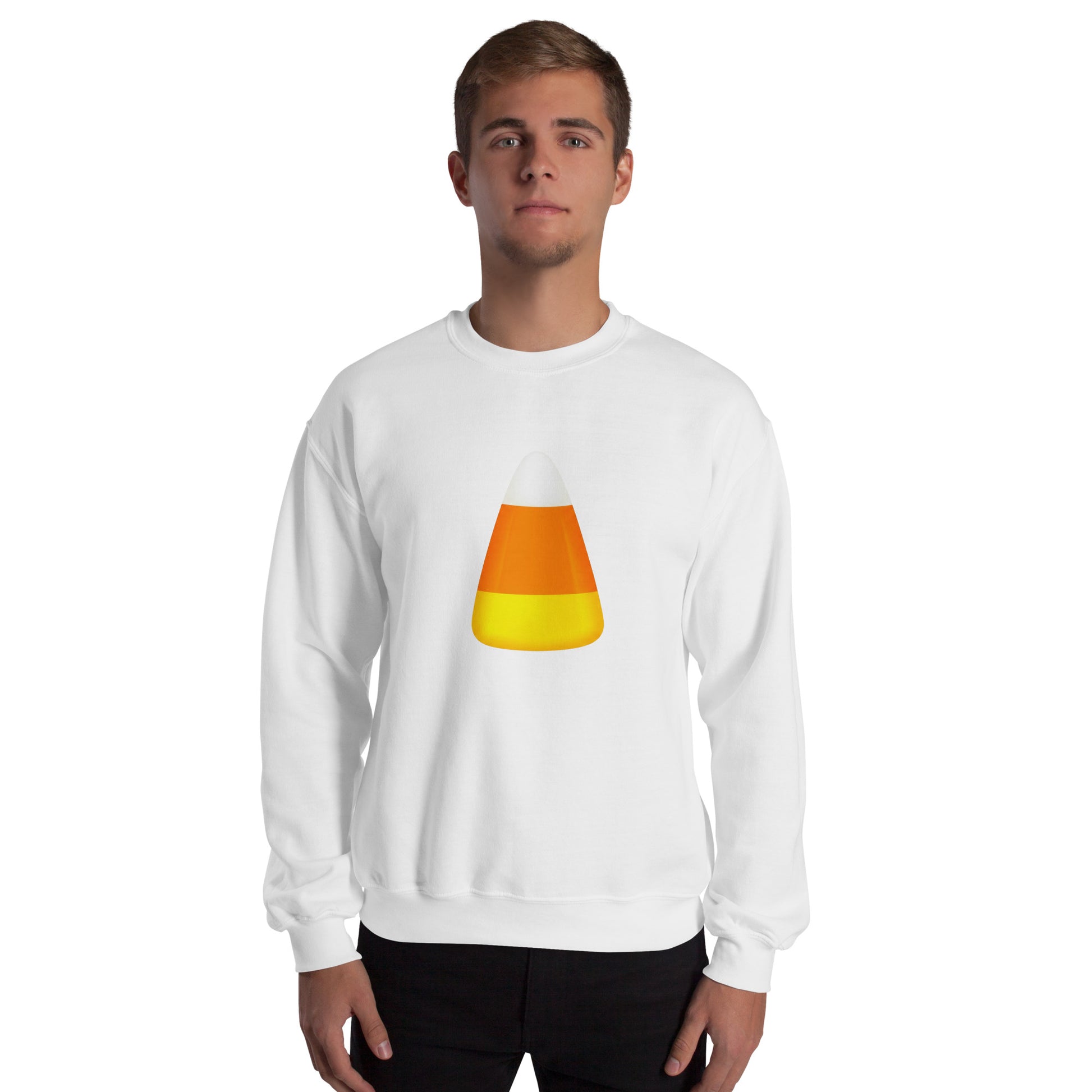 White unisex sweatshirt with candy corn graphic