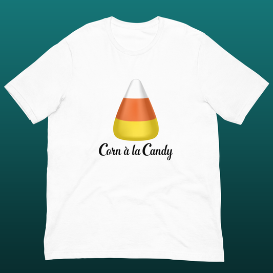 Halloween t-shirt with candy corn design and 'Corn a la Candy' text