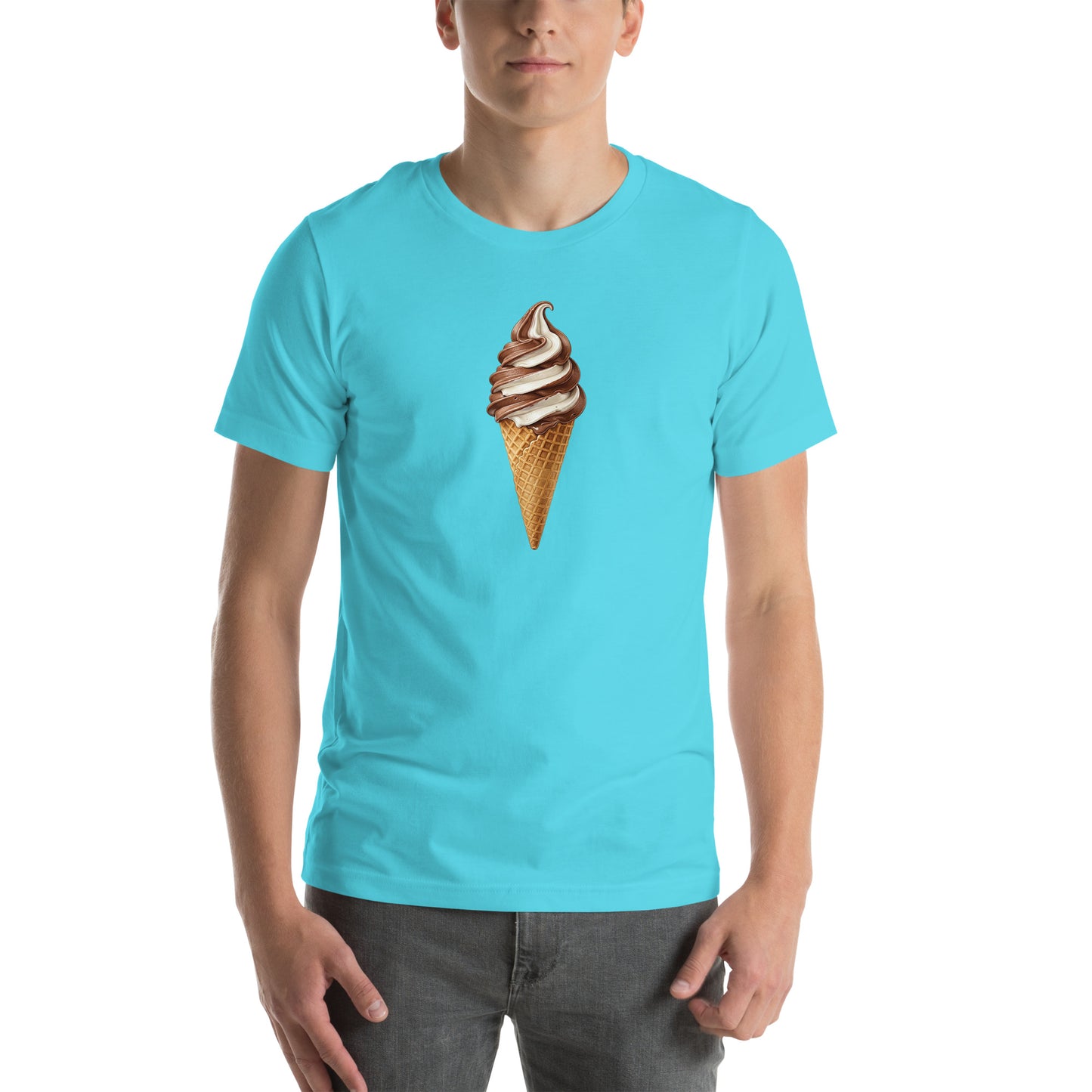 Turquoise blue t-shirt with a graphic of a n ice cream cone