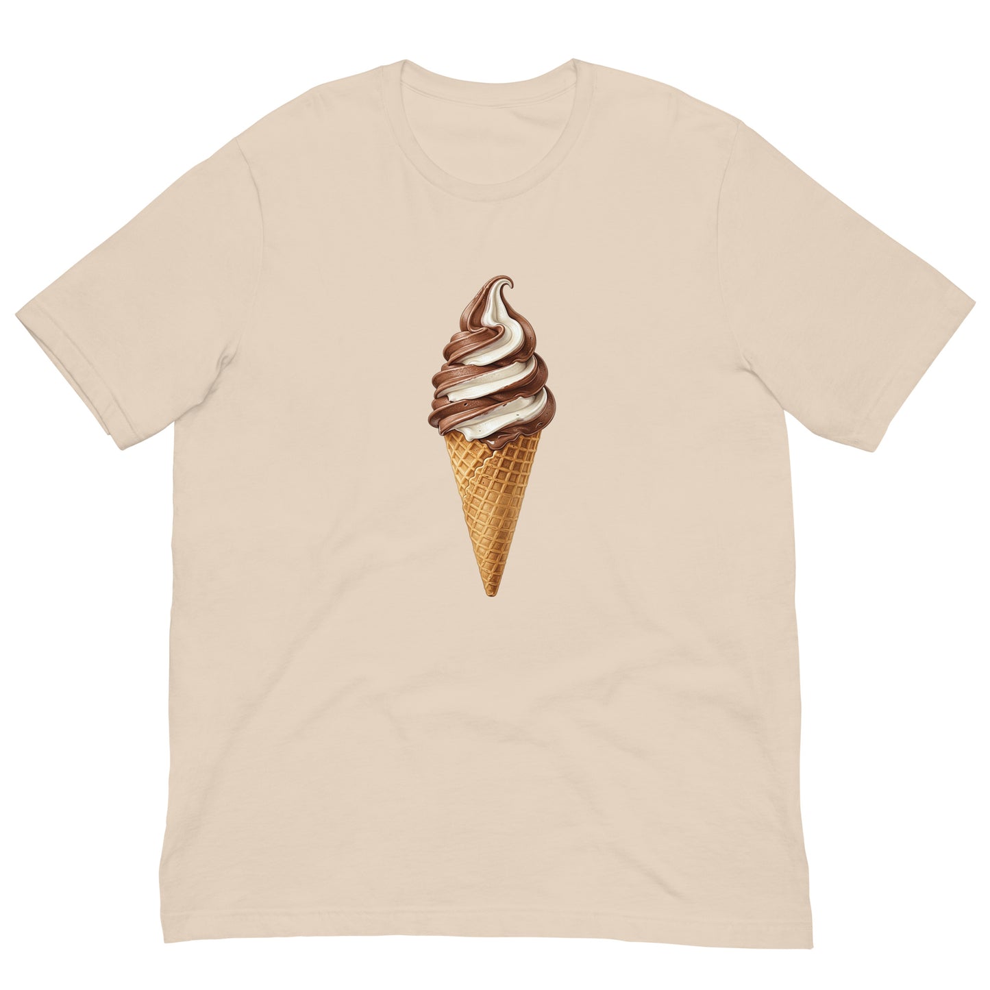 A cream color tee with a soft-serve ice cream cone with chocolate swirls