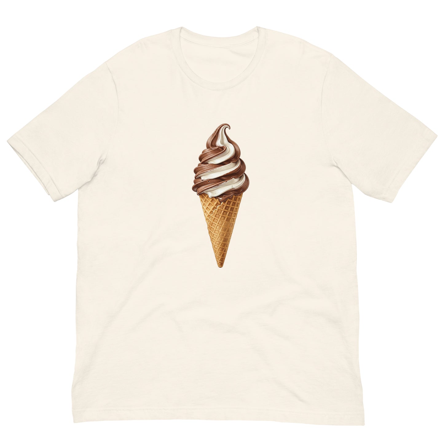 Off-white short-sleeve t-shirt with a graphic print of a twist ice cream waffle cone.