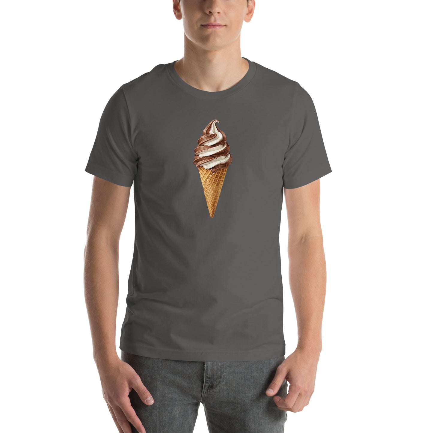 Gray shirt with a graphic of a soft-serve ice cream waffle cone