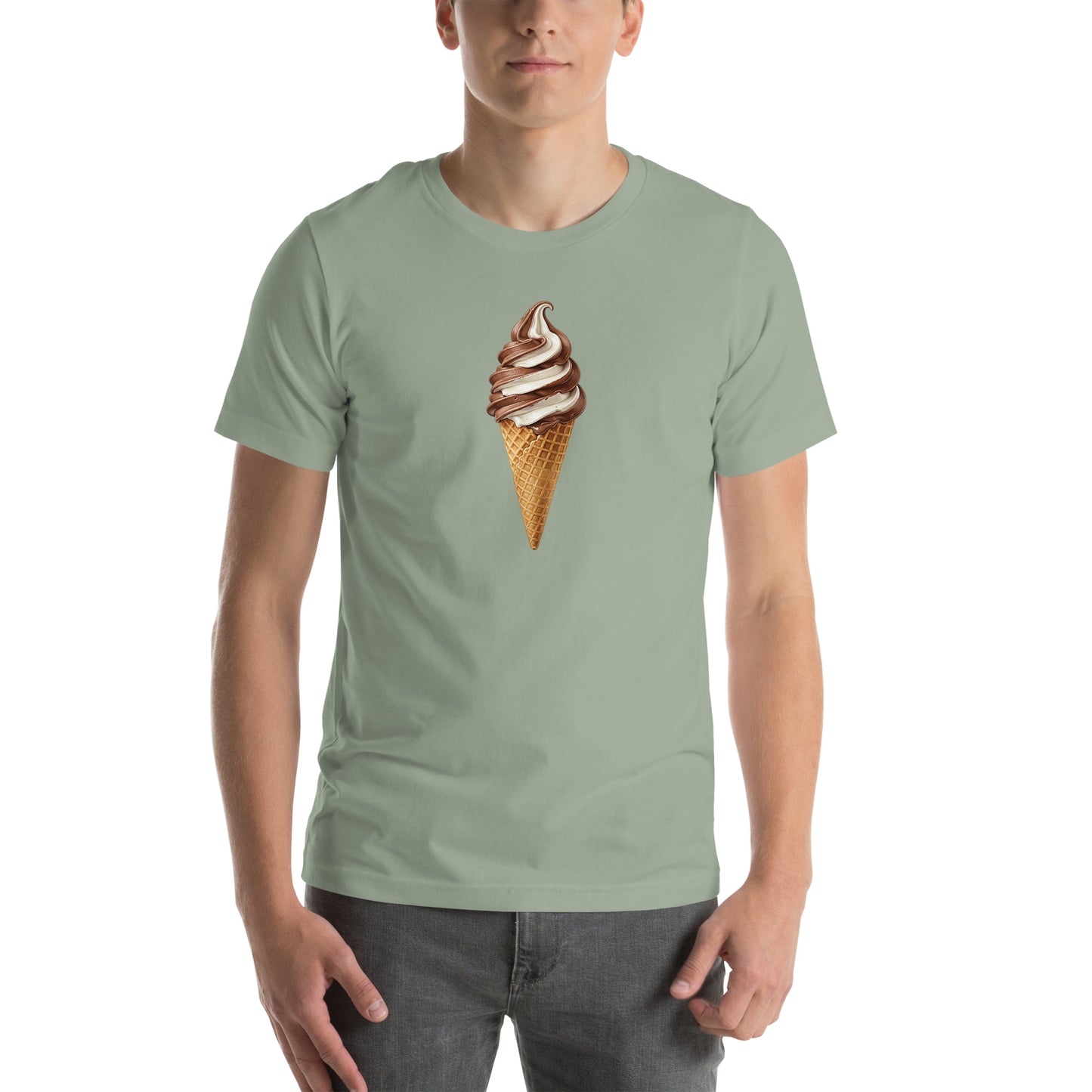 Sage green t-shirt with a waffle cone soft-serve ice cream