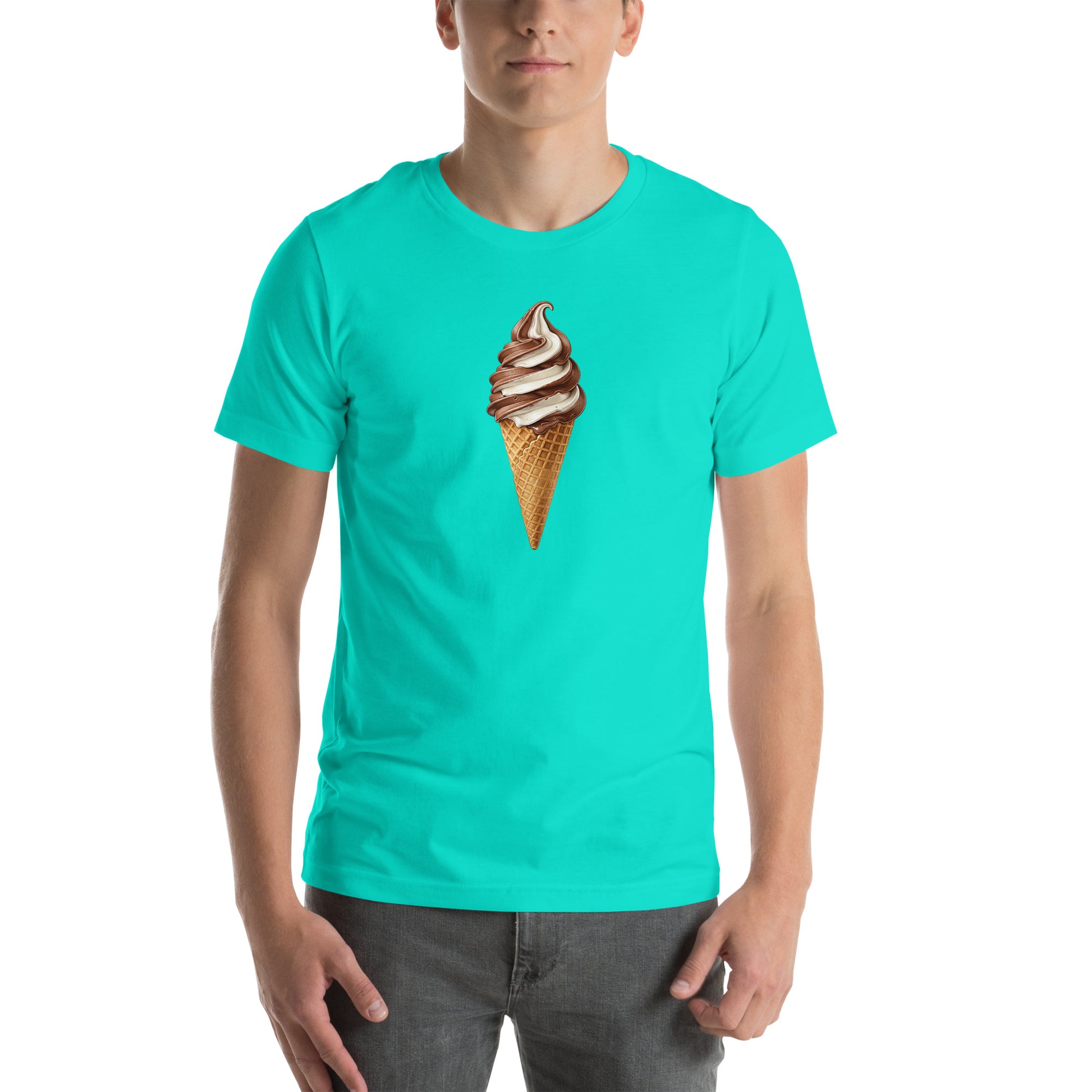 Teal tee with a graphic of a soft-serve ice cream cone