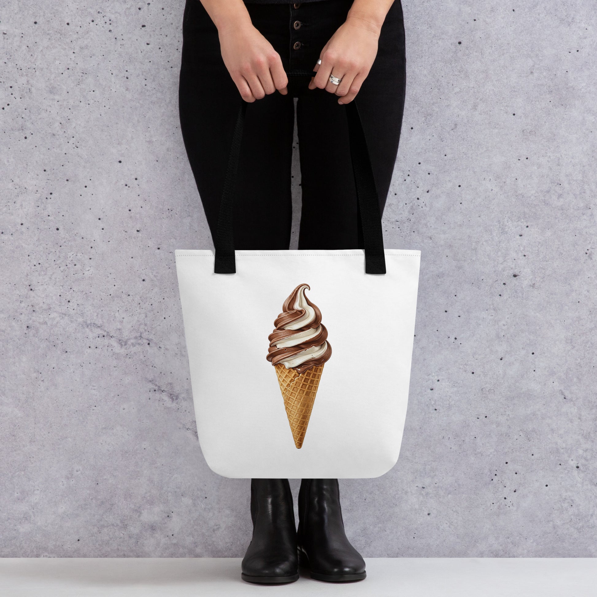 White tote bag with an ice cream cone graphic on the front