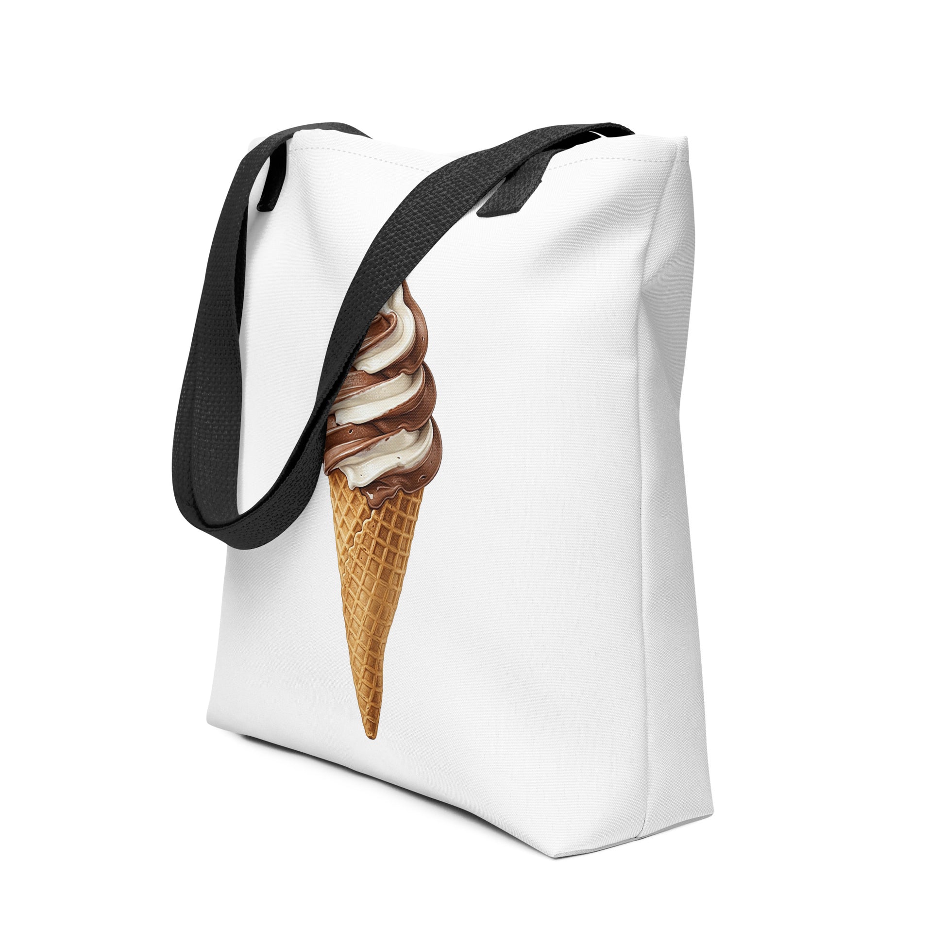 A white tote bag with black shoulder straps, featuring a printed graphic of a soft-serve ice cream cone