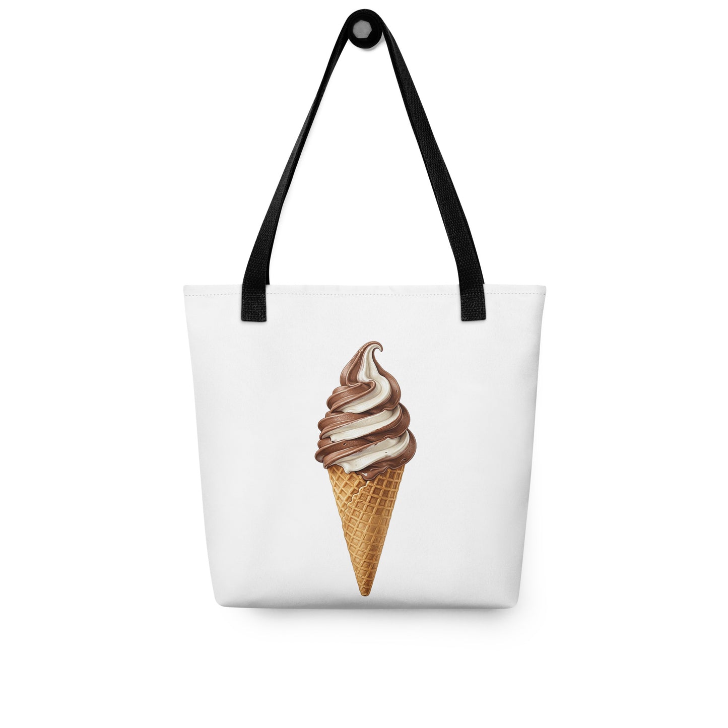 Summer tote bag with black shoulder straps, featuring a printed graphic of a chocolate swirl soft-ice cream cone in a waffle cone