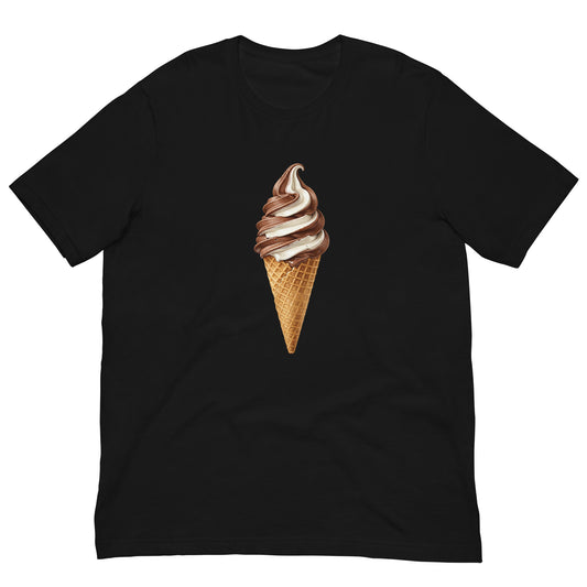 Black short-sleeve t-shirt with a soft-serve twist ice cream waffle cone