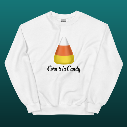 White sweatshirt with candy corn design and 'Corn a la Candy' text, mockup