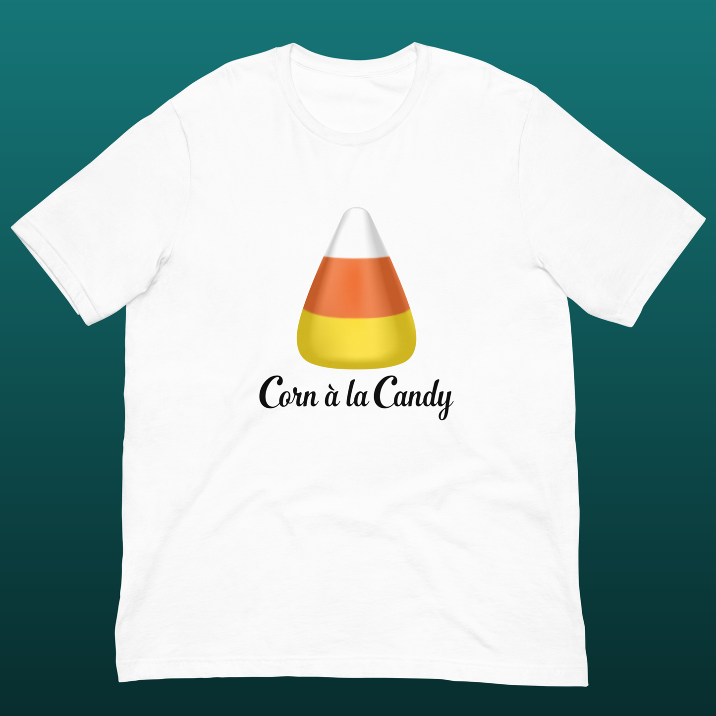 White t-shirt with candy corn design and 'Corn a la Candy' text, mokup