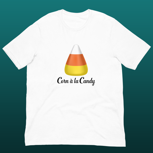White t-shirt with candy corn design and text mockup
