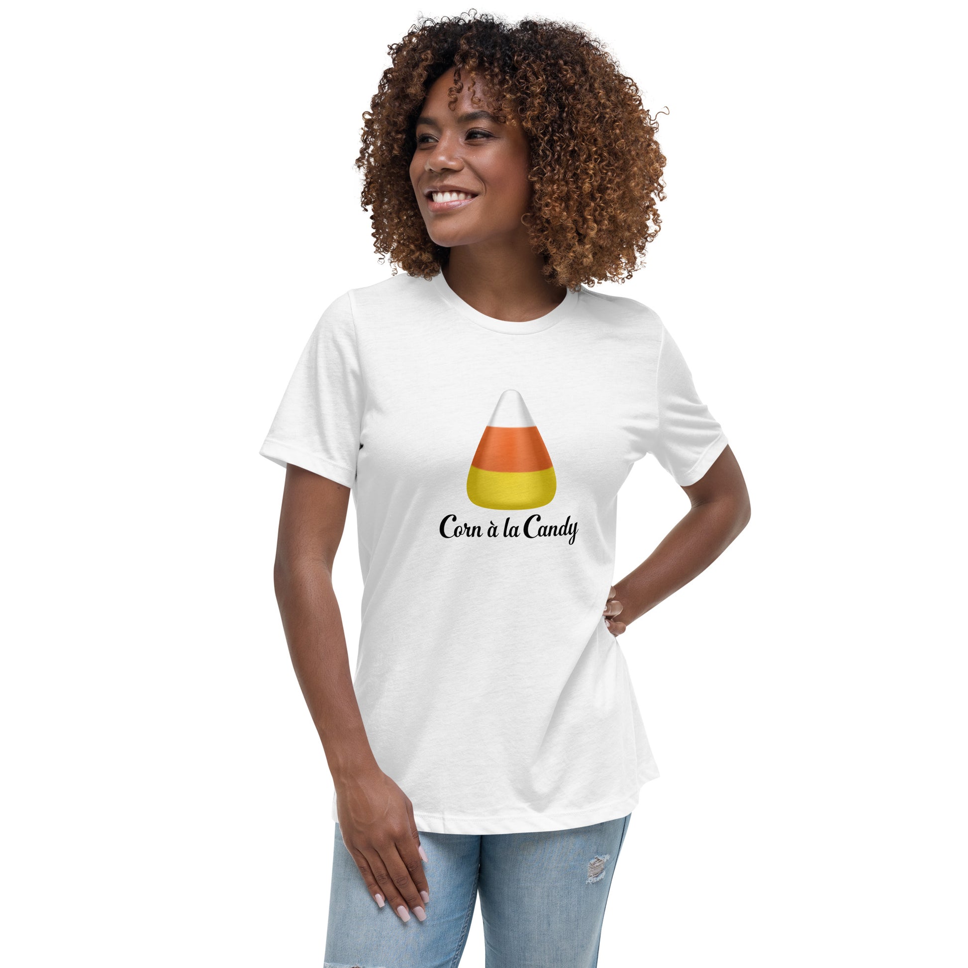 Corn à la Candy Halloween women's relaxed t shirt front view in white mockup