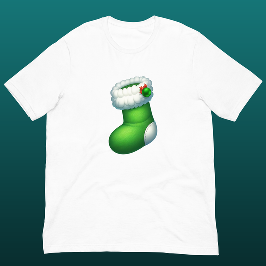White t-shirt with a green Christmas stocking graphic mockup