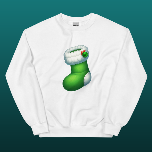 White sweatshirt with a green Christmas stocking graphic, mockup