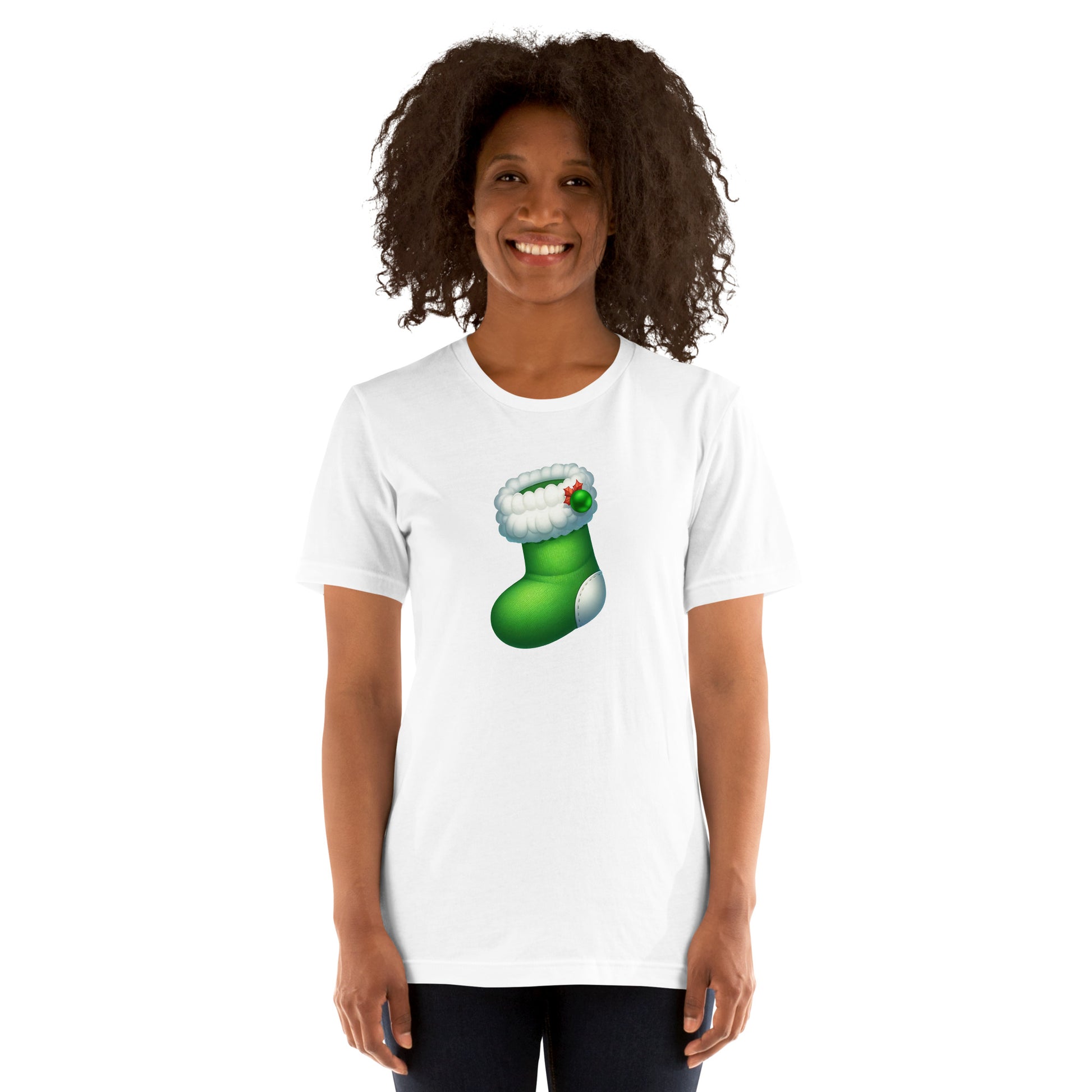 White t-shirt with a green Christmas stocking graphic mockup