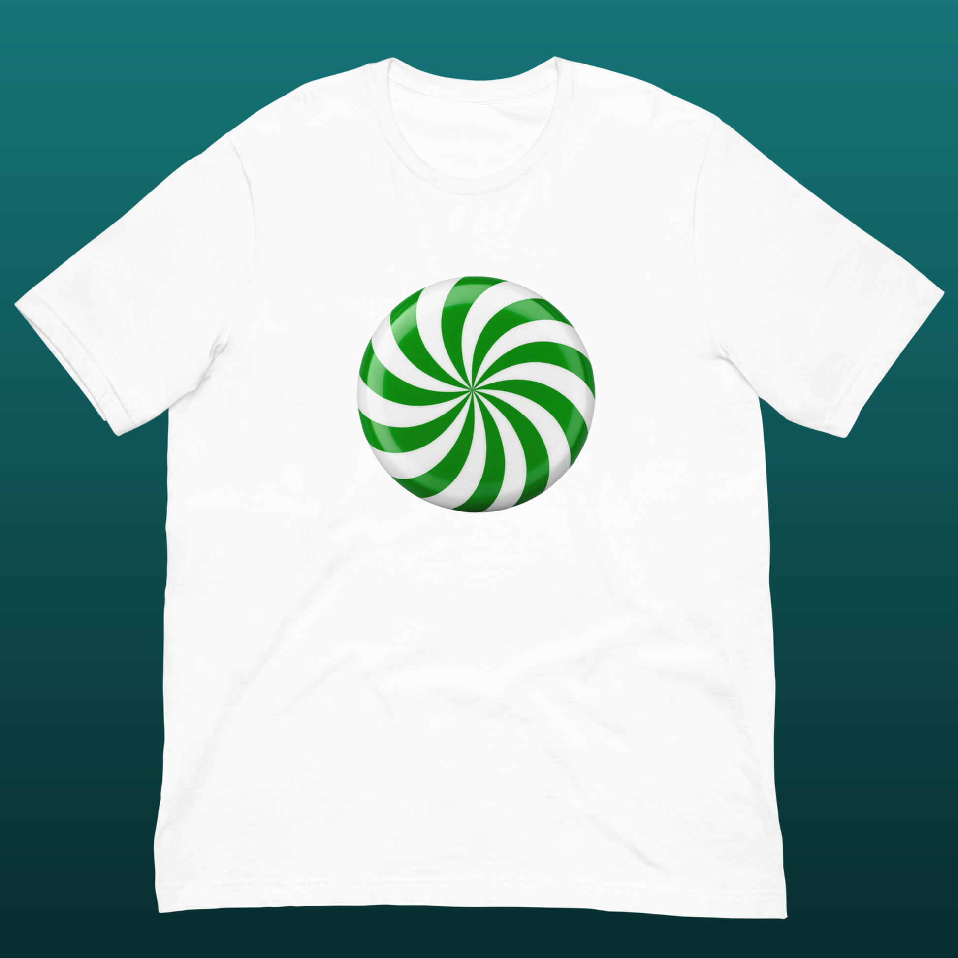 White t-shirt with a green and white candy swirl design