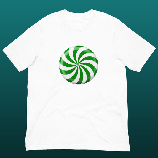 White t-shirt with a green and white candy swirl design