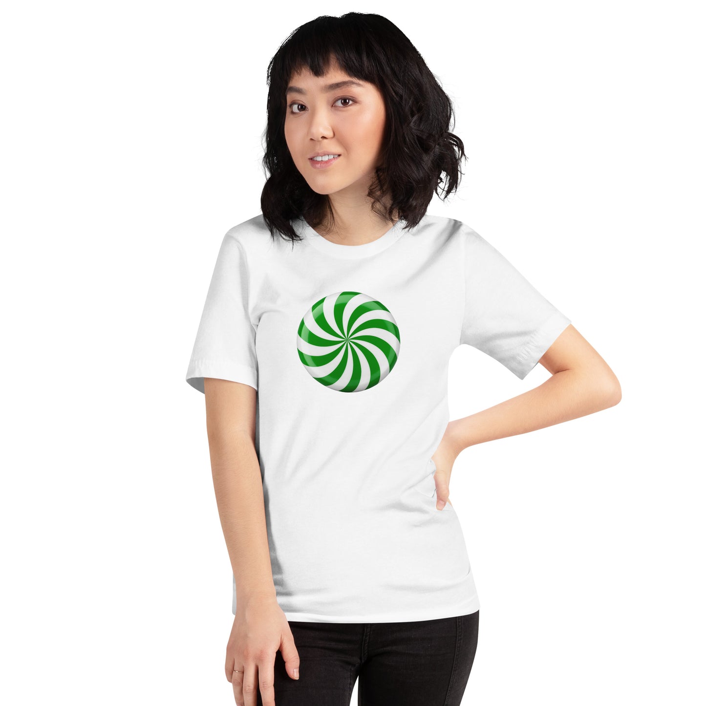 White t-shirt with a green and white spiral spearmint design, mockup