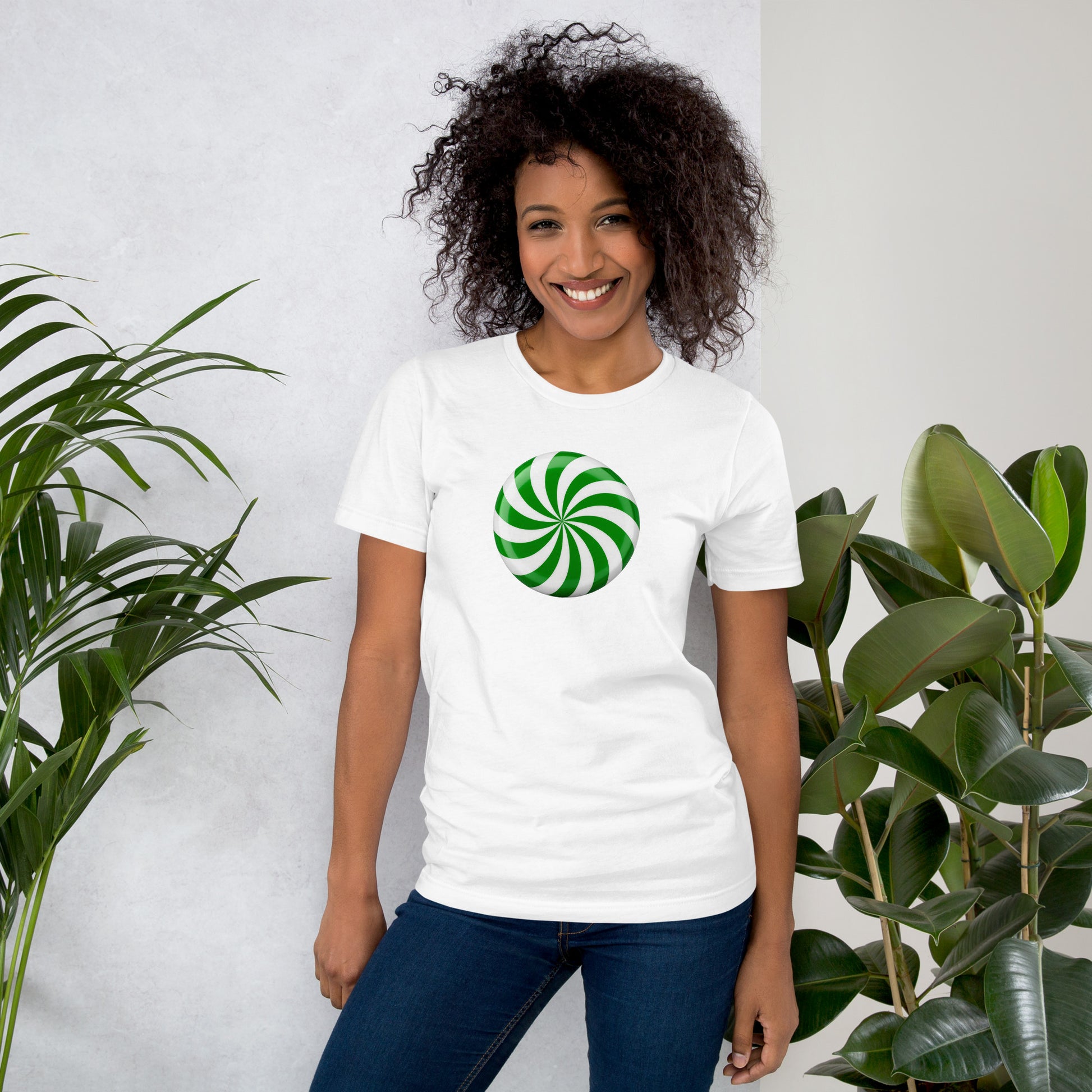 White t-shirt with a green and white spiral mint design, mockup