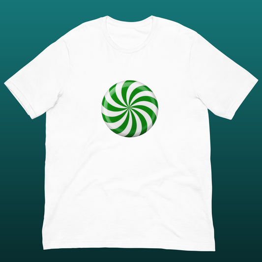 White t-shirt with a green and white candy swirl design mockup