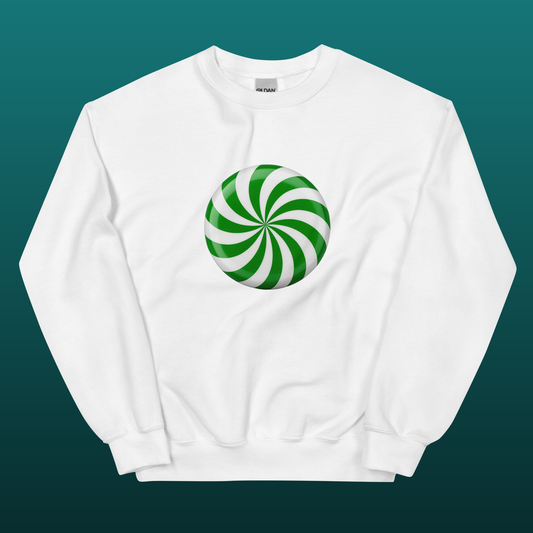 White sweatshirt with a green and white candy swirl design, mockup