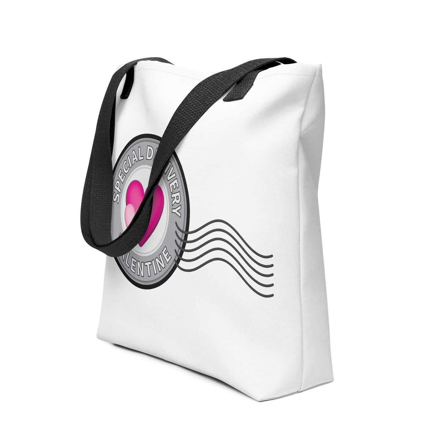 Side view of Heart Postage Valentine Tote bag - Enhanced graphic version
