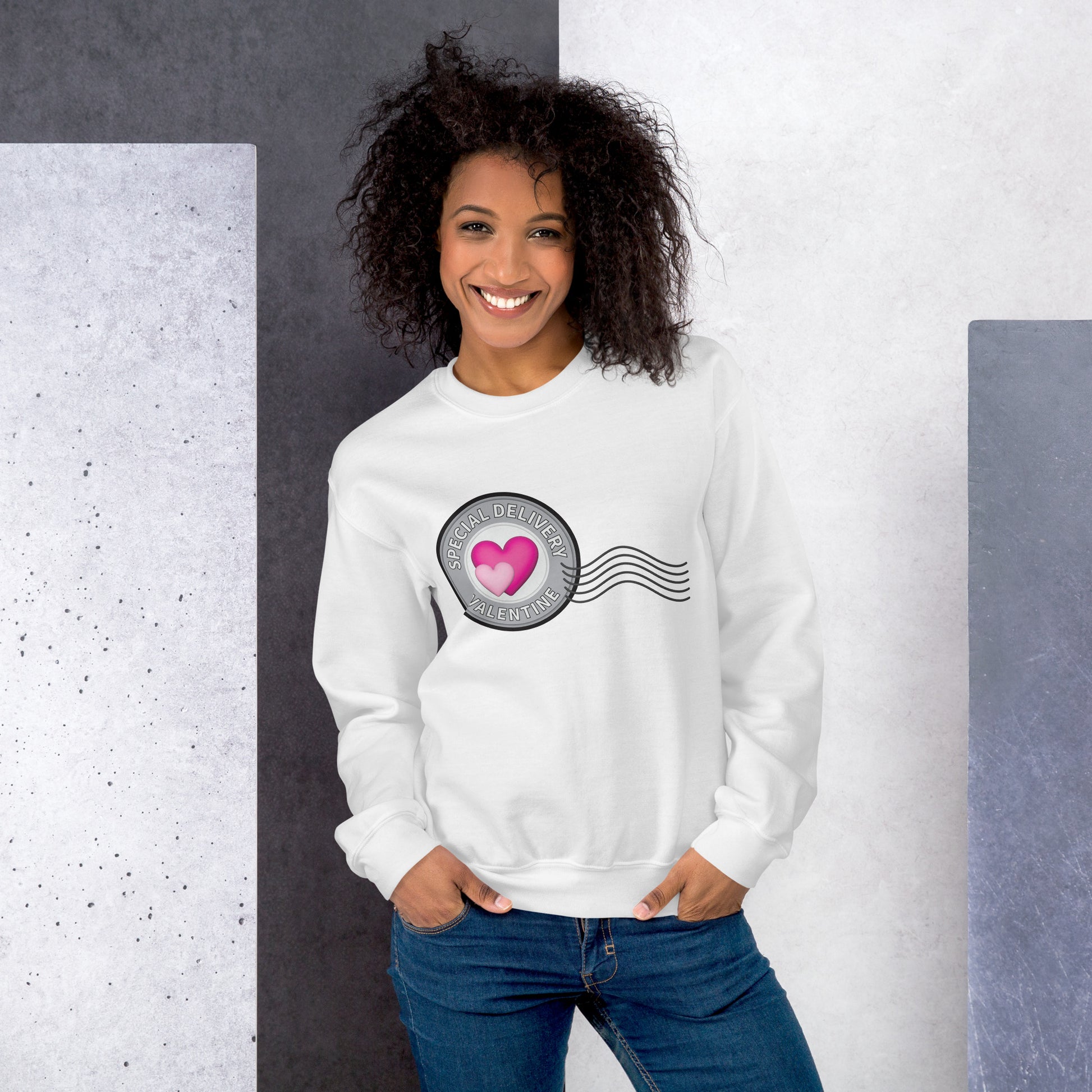 Heart Postage Valentine Women's Sweatshirt - Unisex Fit in white- Enhanced graphic version