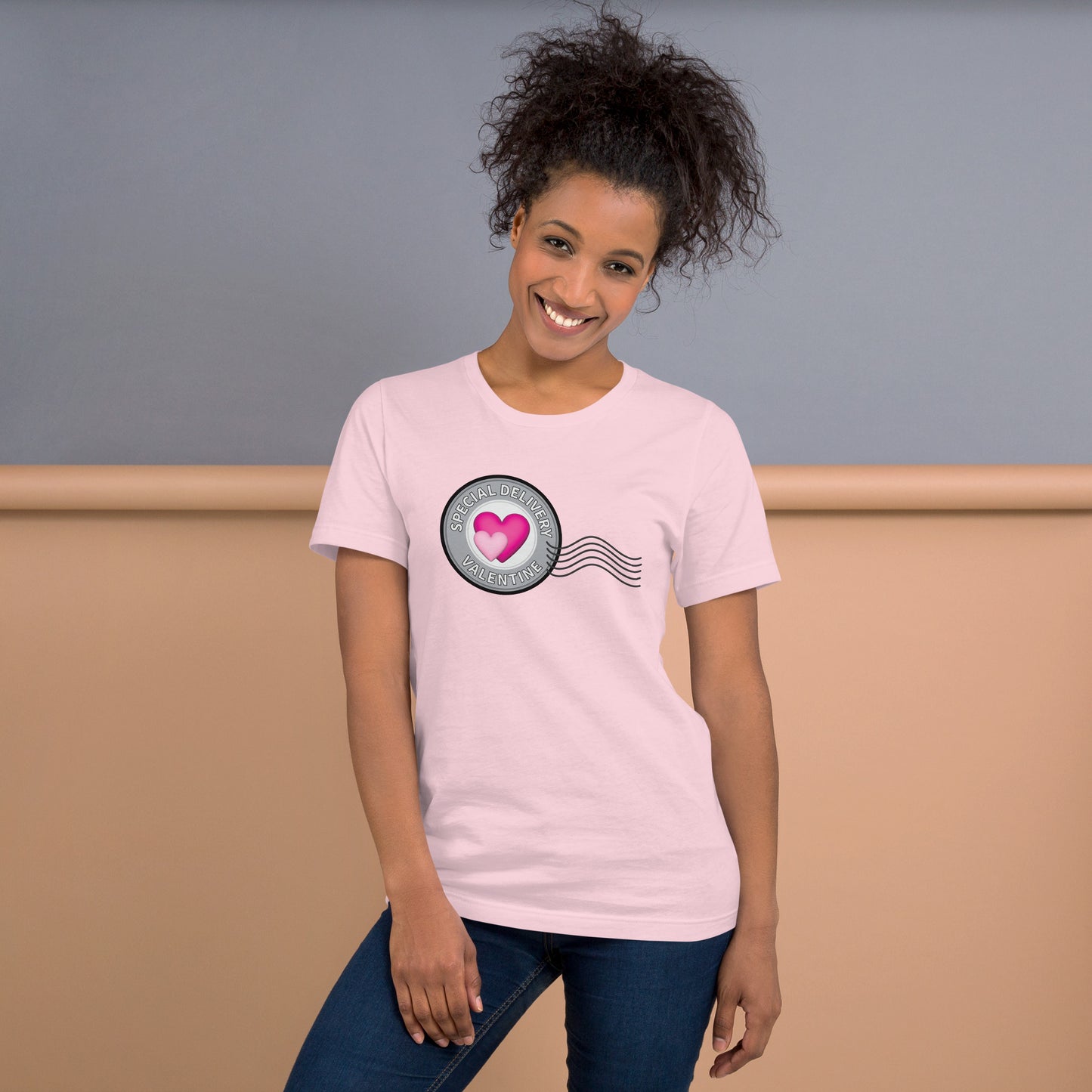 Pink t-shirt with valentine postage print