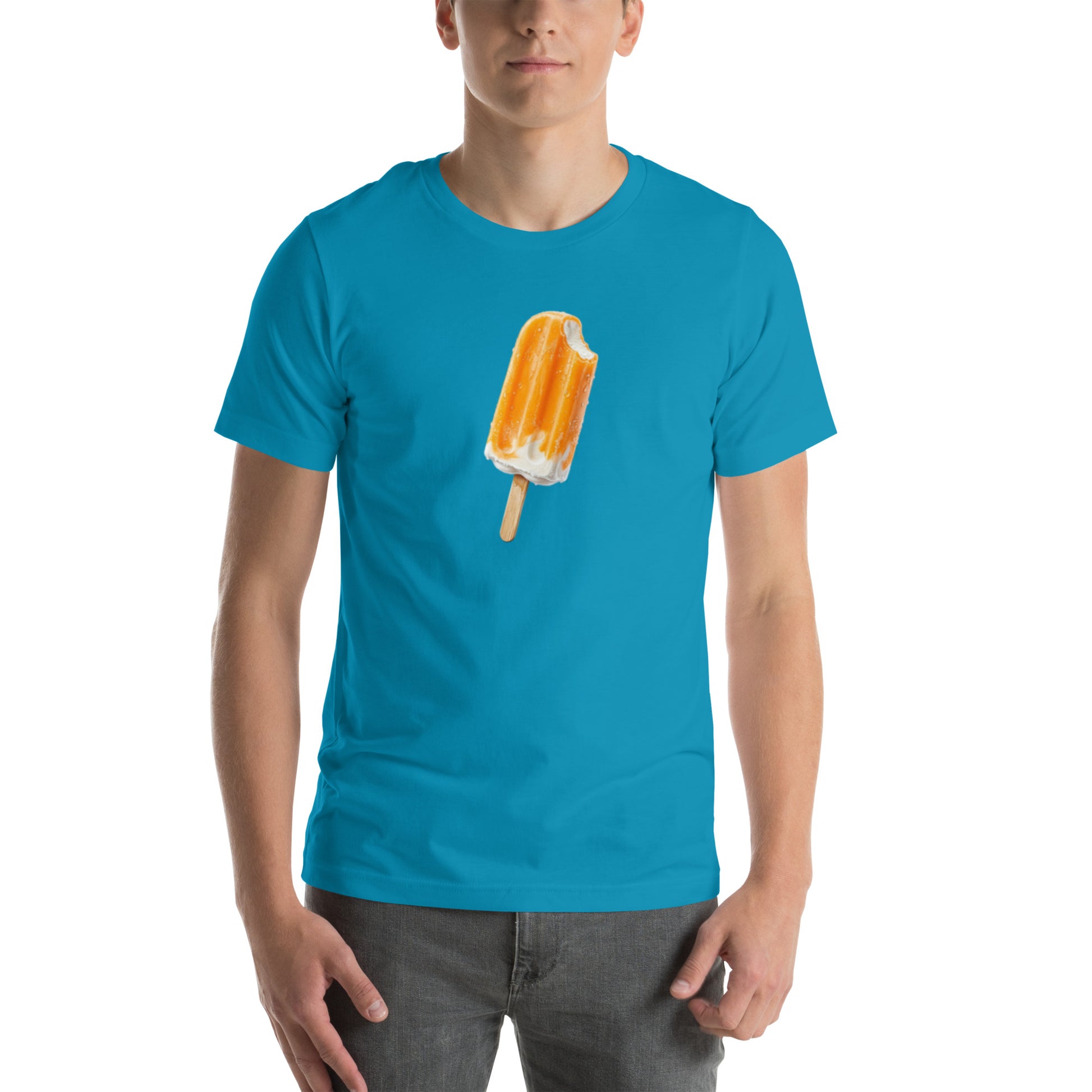 Men's aqua blue t-shirt with an orange ceam popsicle
