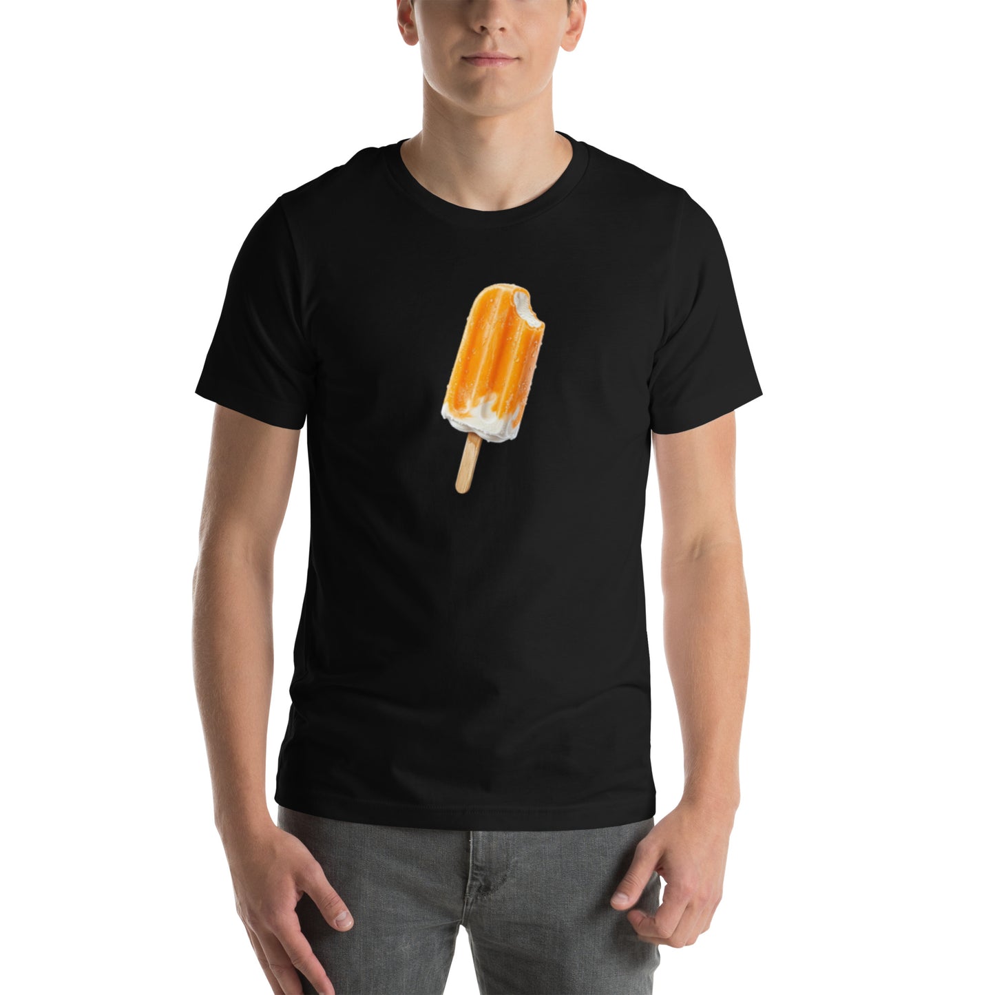 Men's black t-shirt with an orange ceam popsicle