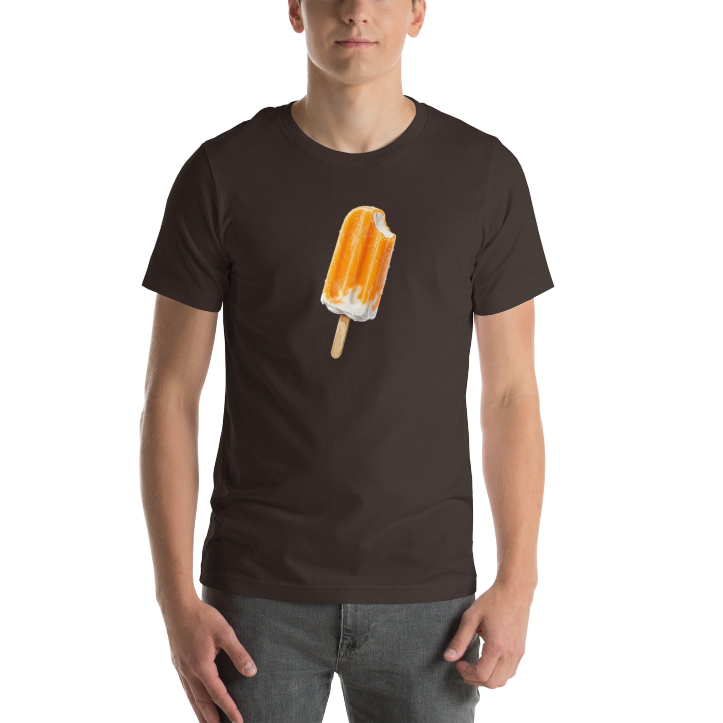 Men's brown t-shirt with an orange ceam popsicle