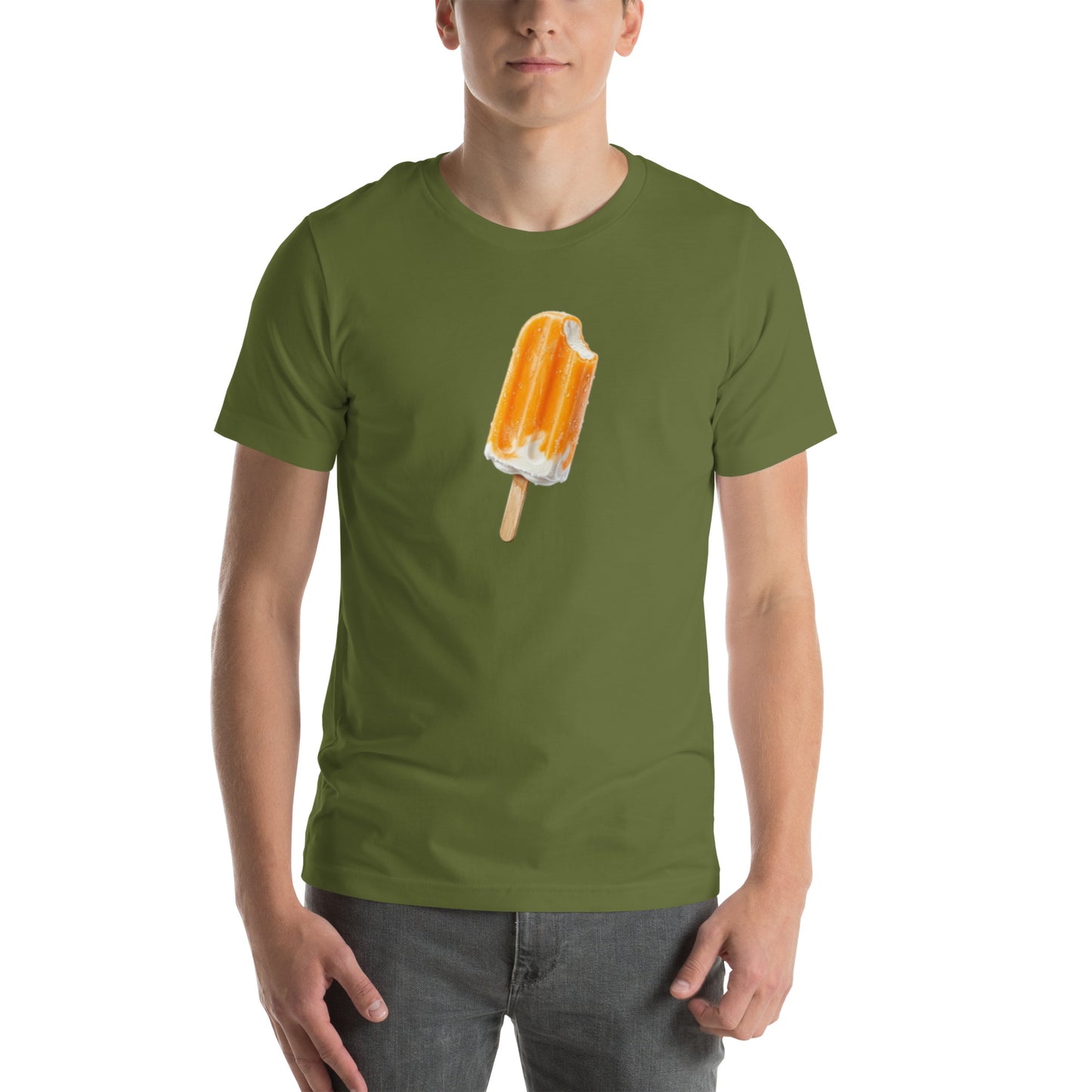 Men's olive green t-shirt with an orange ceam popsicle