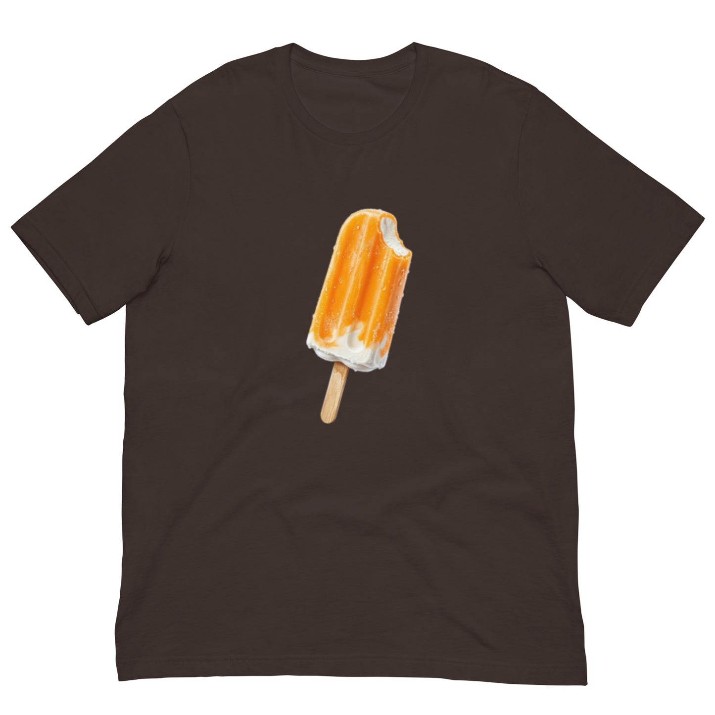 Brown t-shirt with an orange cream popsicle design